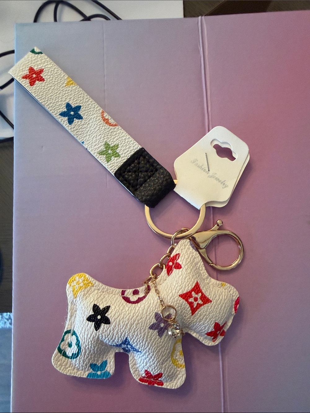 Multi-Color Puppy Keychain Wristlet - White